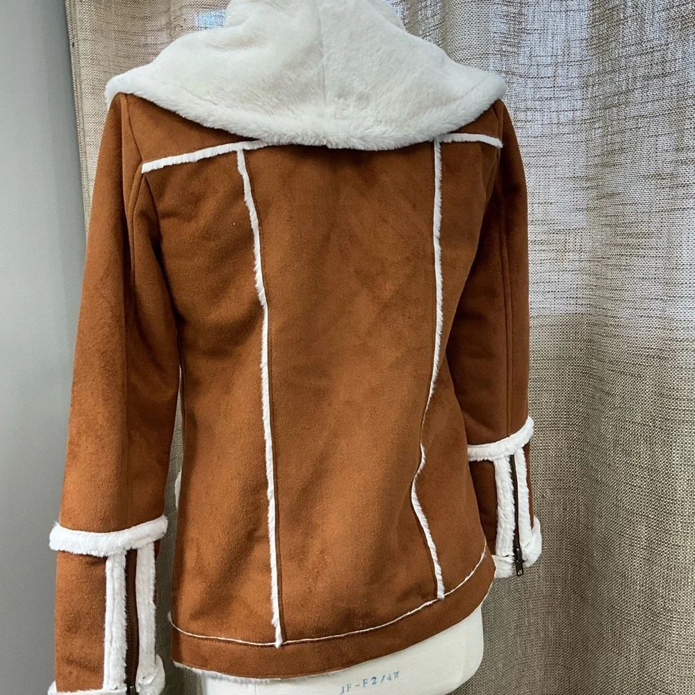 CHASER NEW Women's Whisky Brown and White Faux Shearling Jacket Size S Vegan - Picture 9 of 11